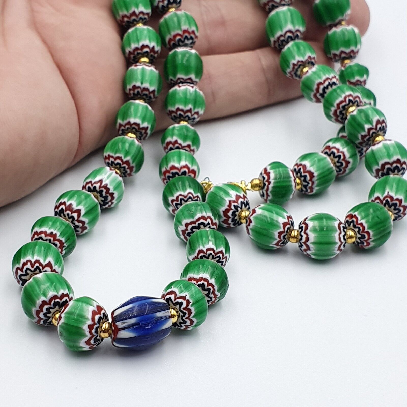 Antique Venetian inspired Green Chevron Beads Long Strand necklace 24inch