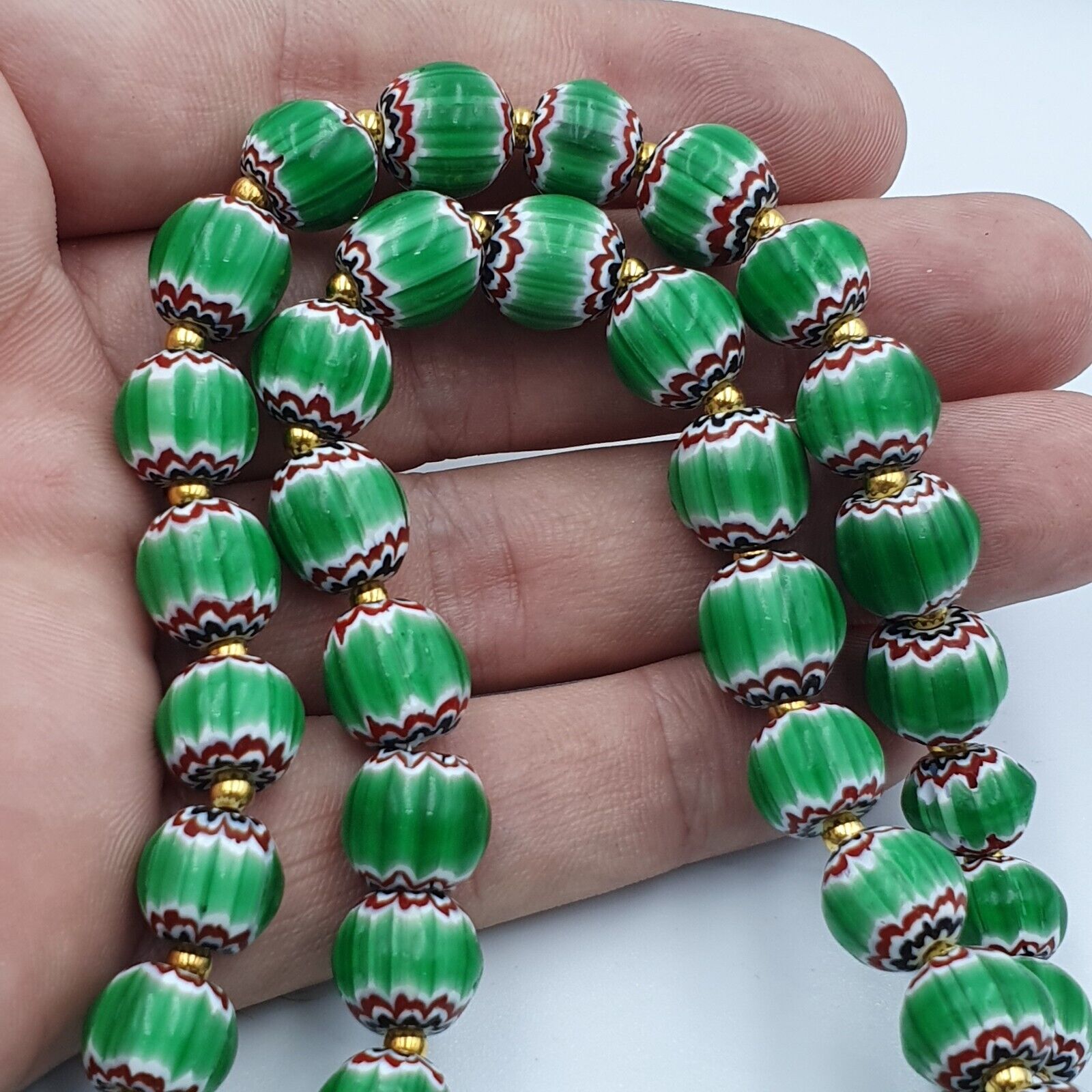 Antique Venetian inspired Green Chevron Beads Long Strand necklace 24inch