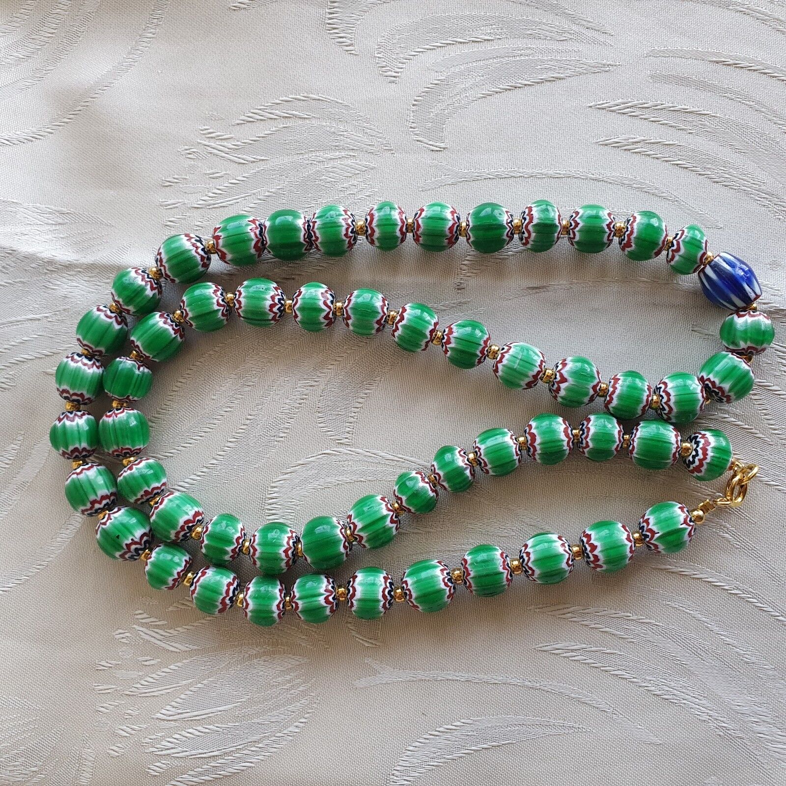 Antique Venetian inspired Green Chevron Beads Long Strand necklace 24inch