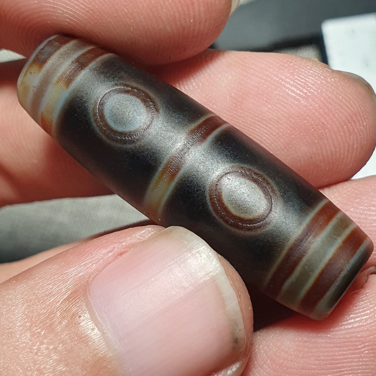 N#45 Himalayan Indo Tibetan Decorated Agate Eyes Patterns Dzi Amulet Bead