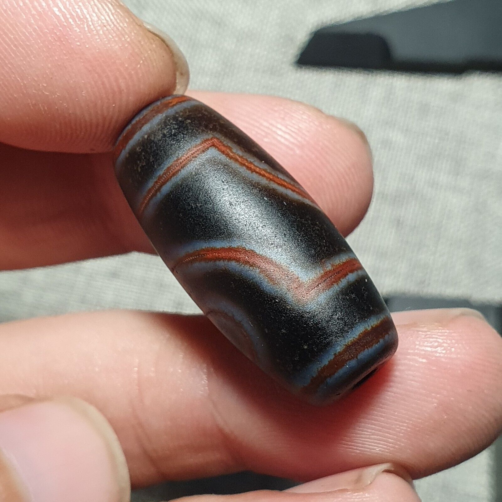 N#44 Himalayan Indo Tibetan Decorated Agate Eyes Patterns Dzi Amulet Bead