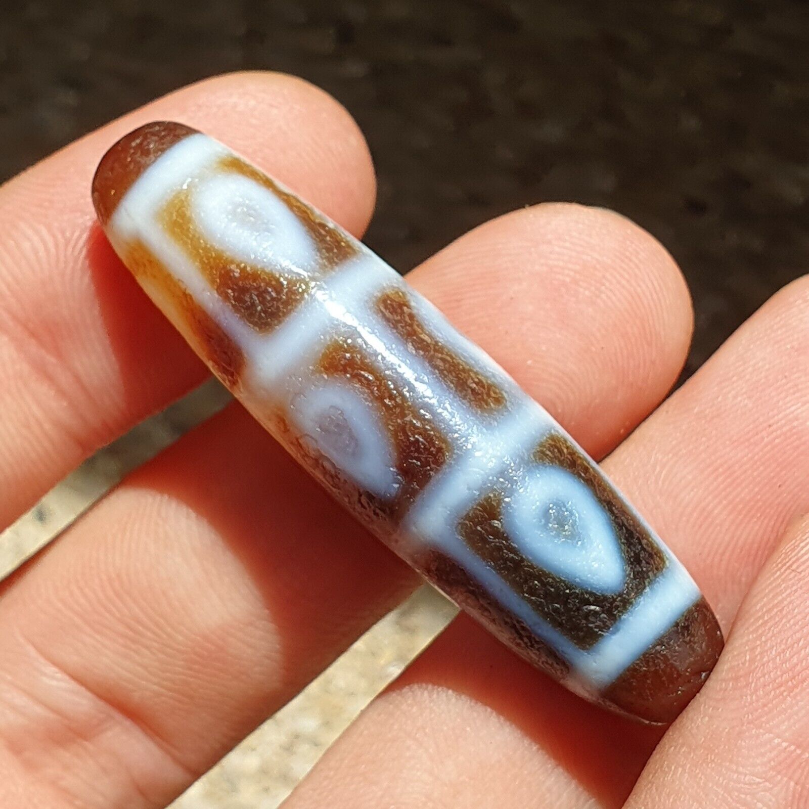 Himalayan Tibetan Agate Dzi Falling 9 Eye pattern Spiritual Amulet Mala Bead