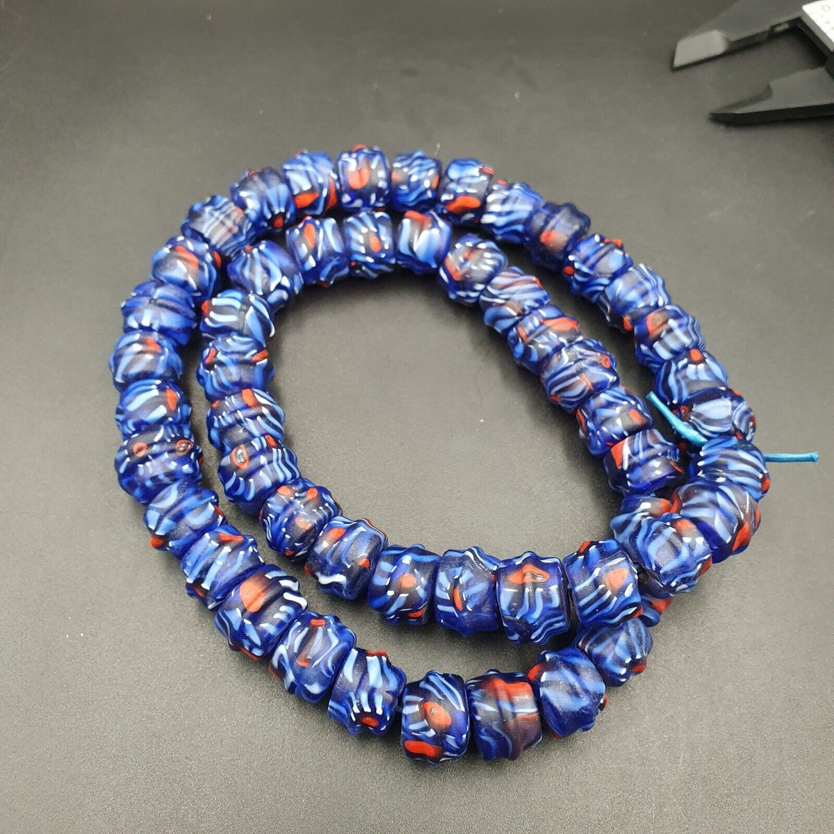Vintage Unique Shape Floral Blue Glass Beads / Beaded Long Strand Necklace