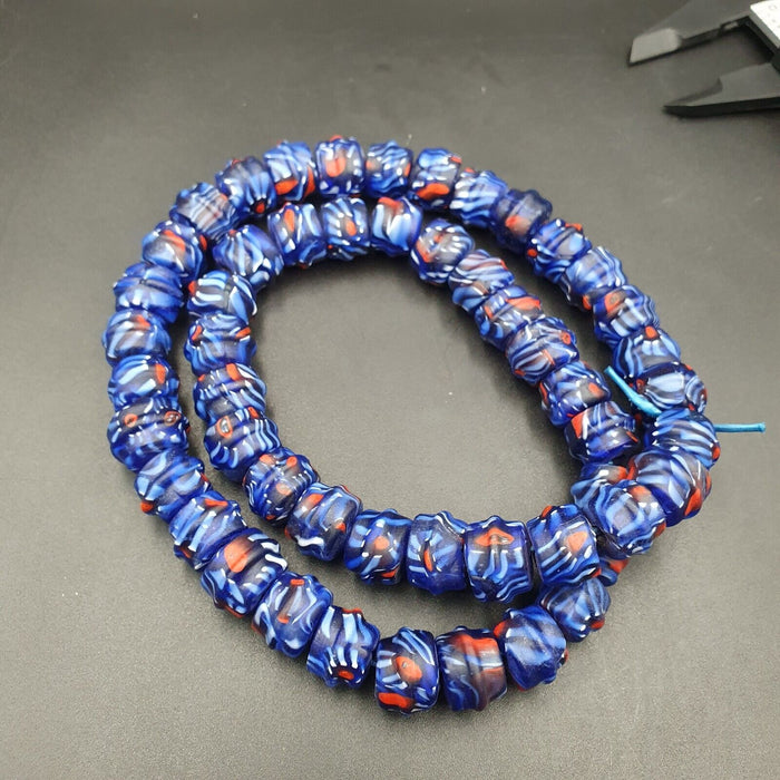 Vintage Unique Shape Floral Blue Glass Beads / Beaded Long Strand Necklace