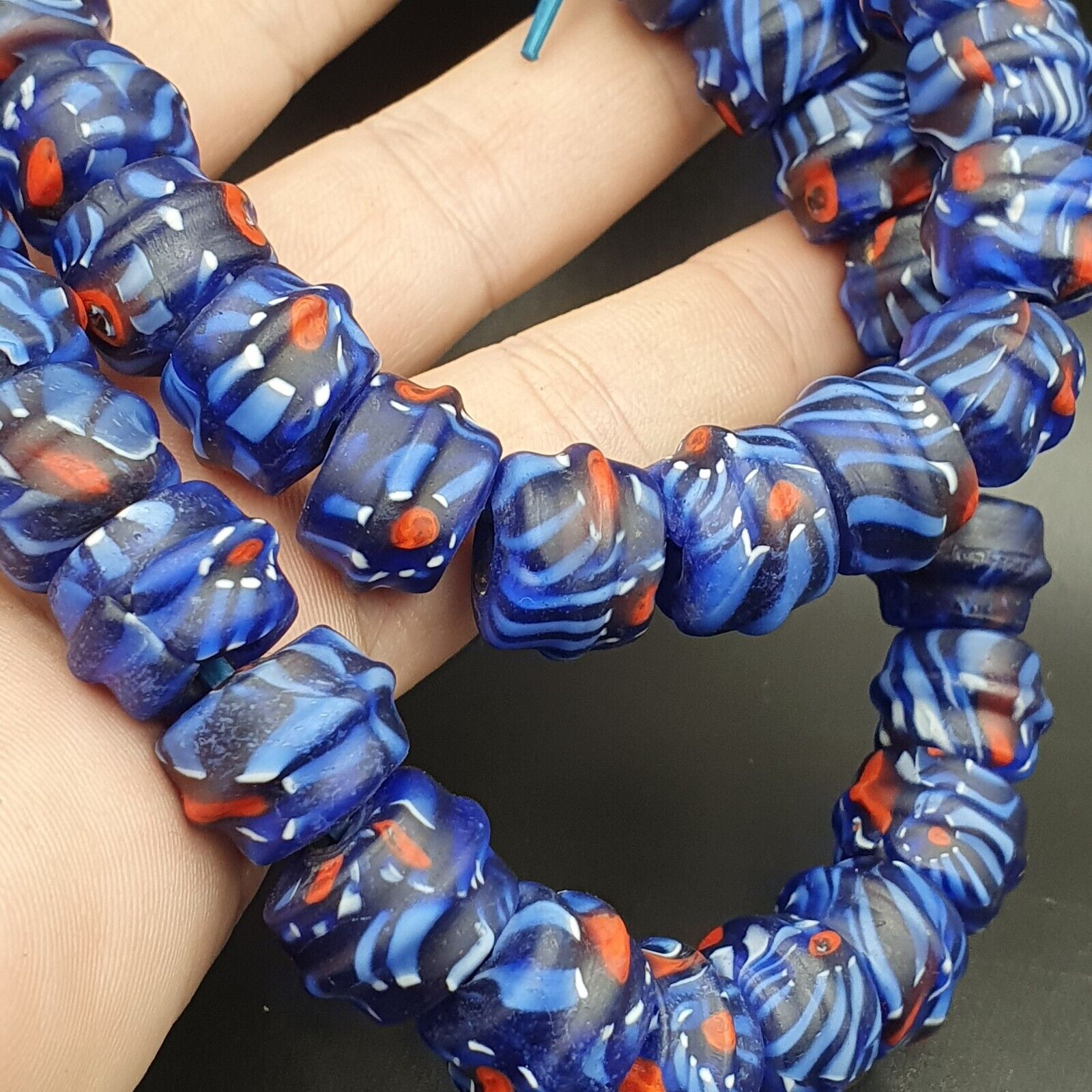 Vintage Unique Shape Floral blue glass Beads / Beaded long Strand Necklace