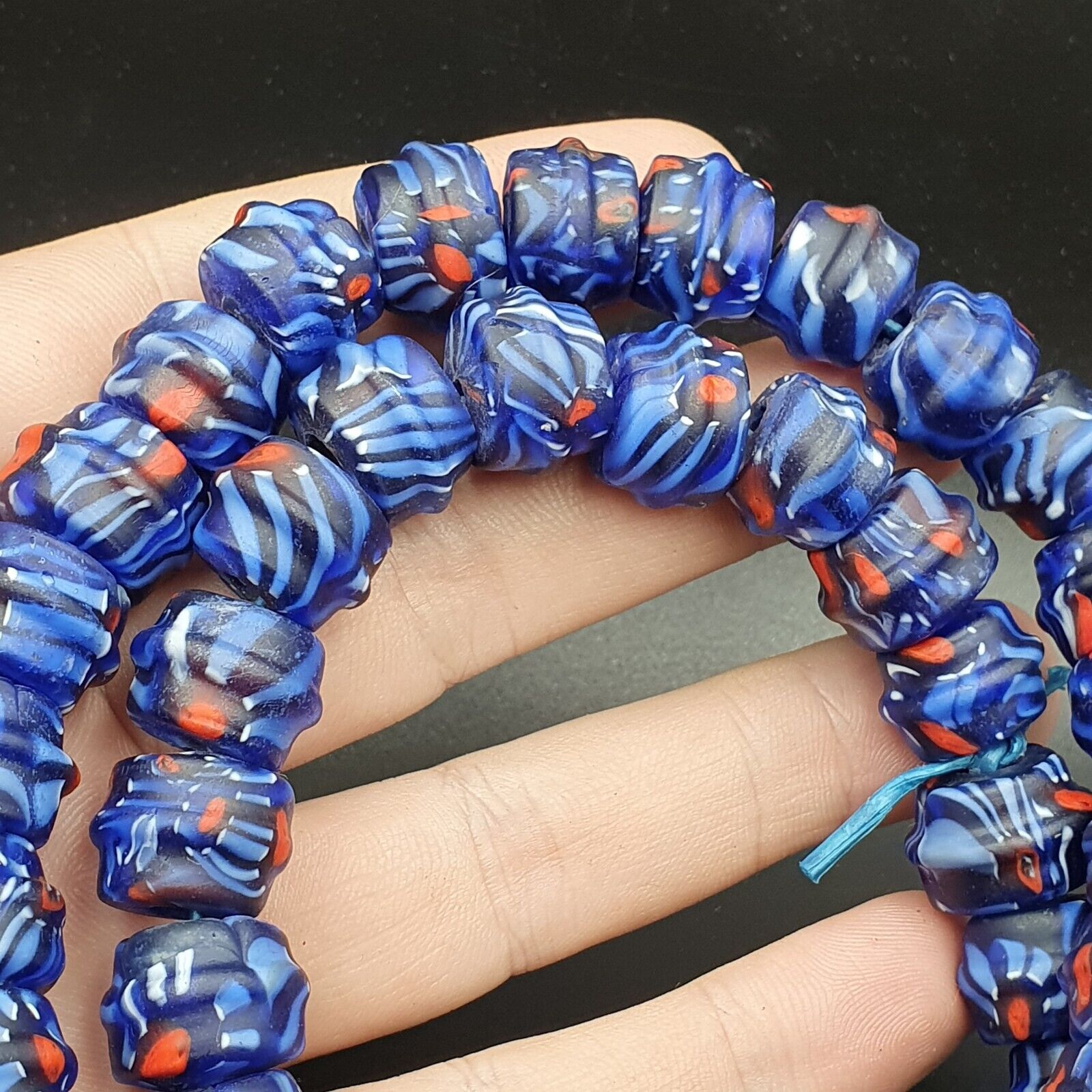 Vintage Unique Shape Floral blue glass Beads / Beaded long Strand Necklace