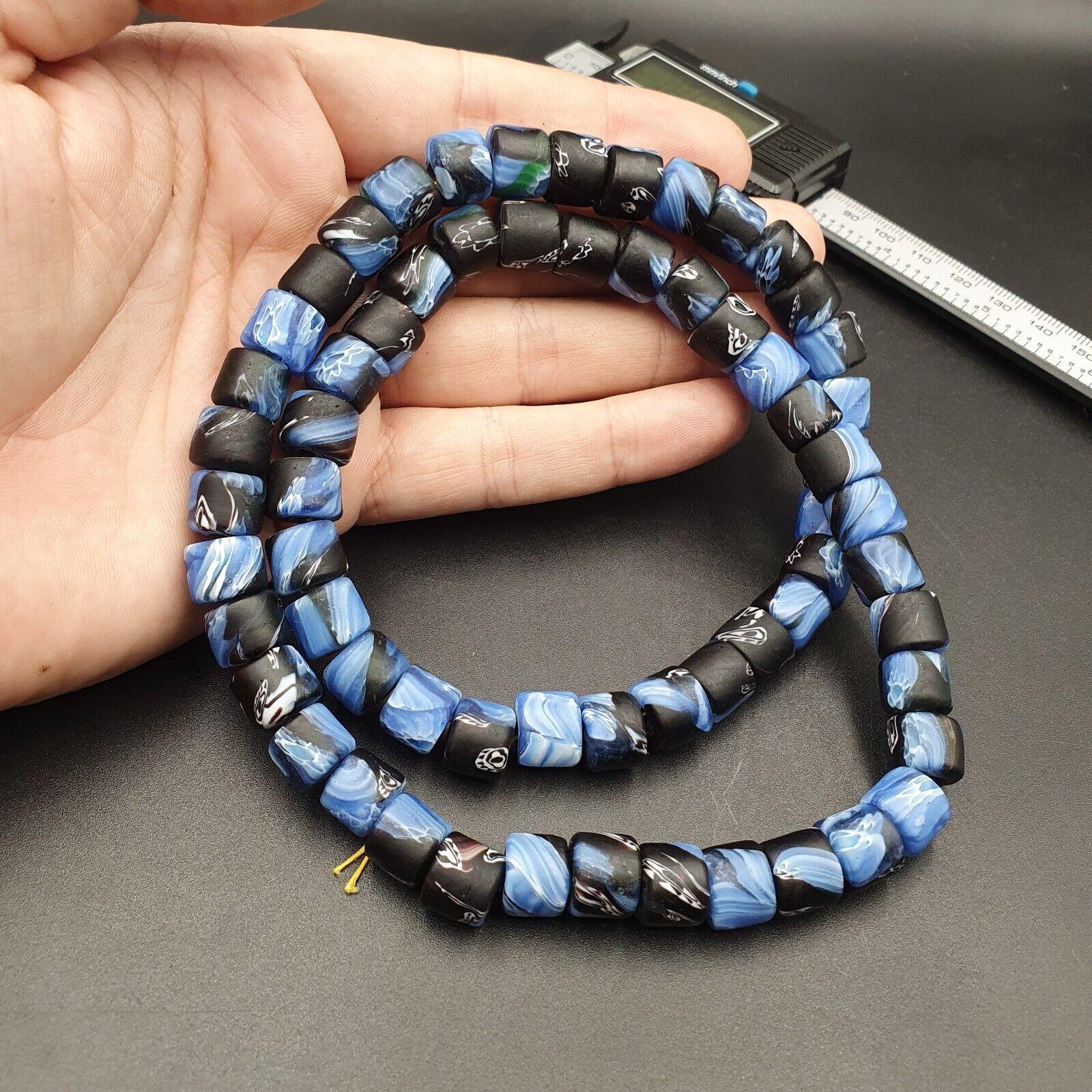 Vintage Disc Shape Roundels black blue glass Beads / Beaded Strand Necklace 11mm