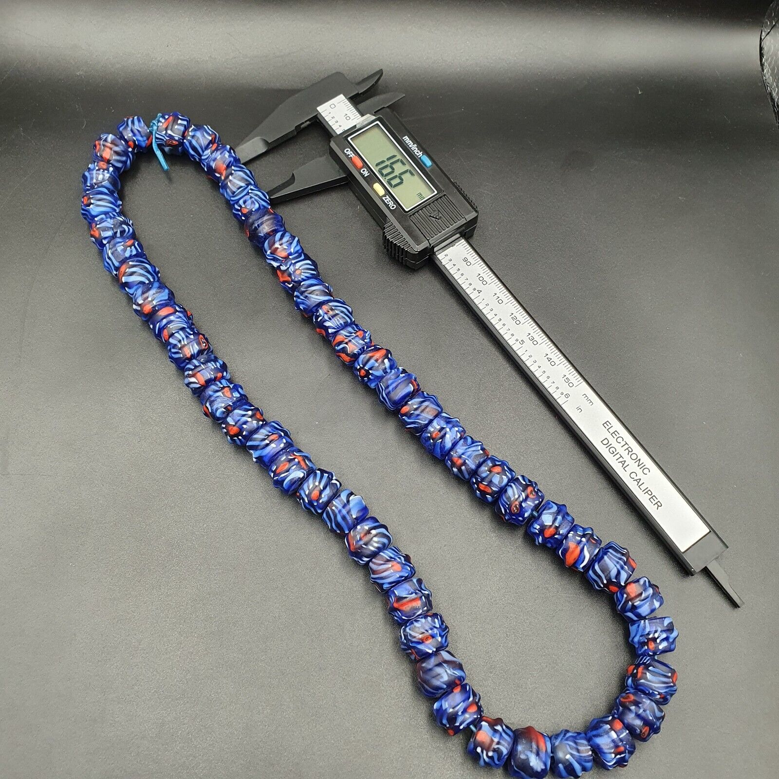 Vintage Unique Shape Floral blue glass Beads / Beaded long Strand Necklace