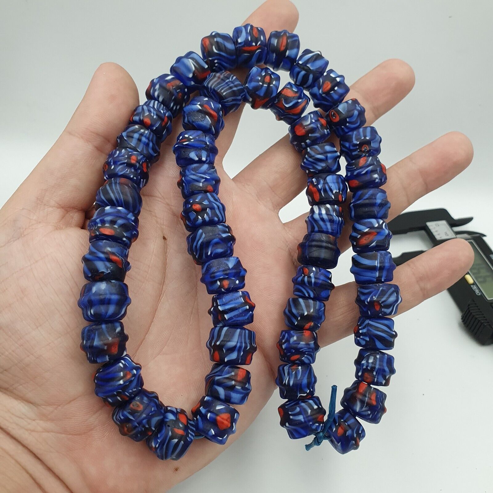 Vintage Unique Shape Floral blue glass Beads / Beaded long Strand Necklace