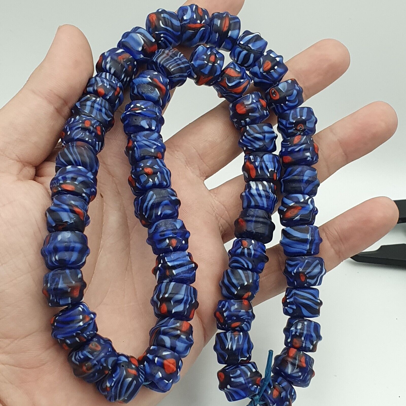 Vintage Unique Shape Floral blue glass Beads / Beaded long Strand Necklace