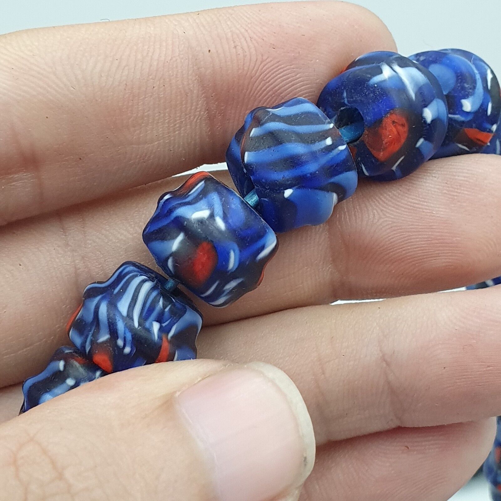 Vintage Unique Shape Floral blue glass Beads / Beaded long Strand Necklace