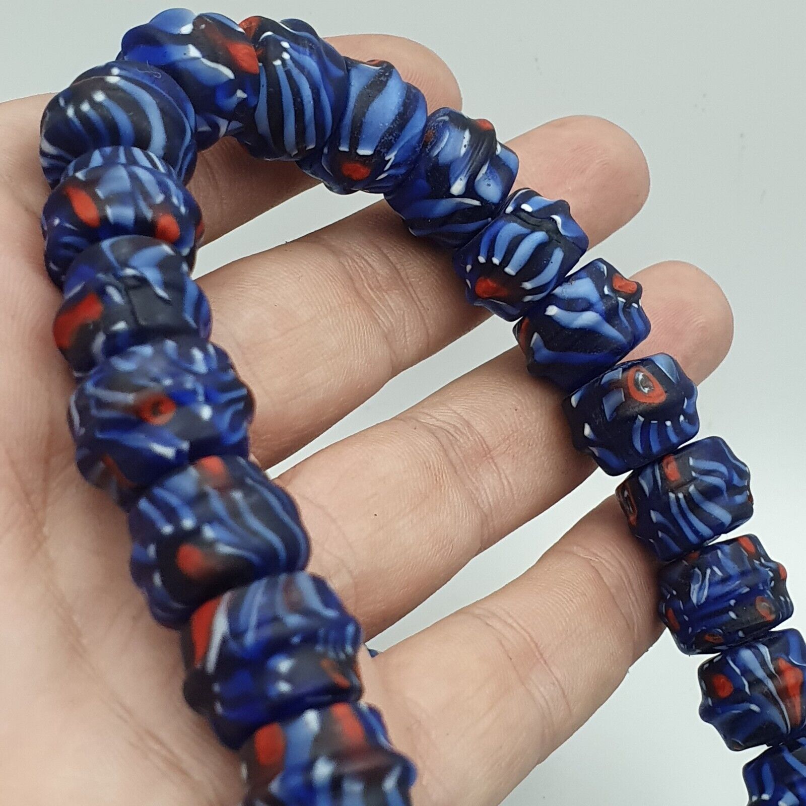 Vintage Unique Shape Floral blue glass Beads / Beaded long Strand Necklace