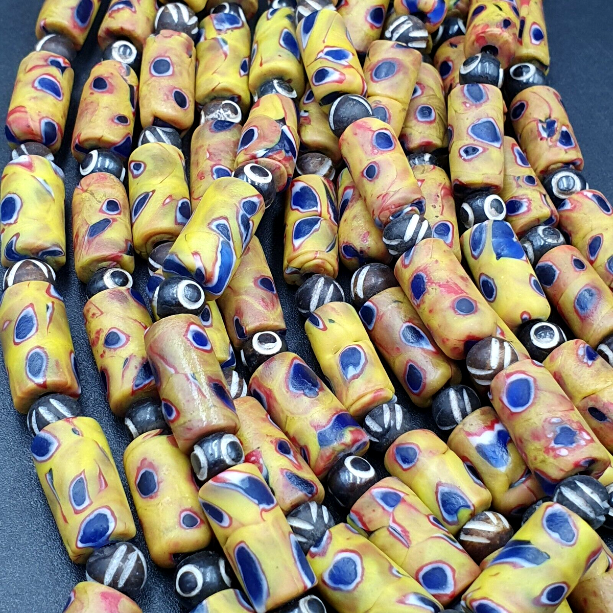 Vintage Antique African Style Glass and Bone Eyes Beads 24 Inch Long Strand