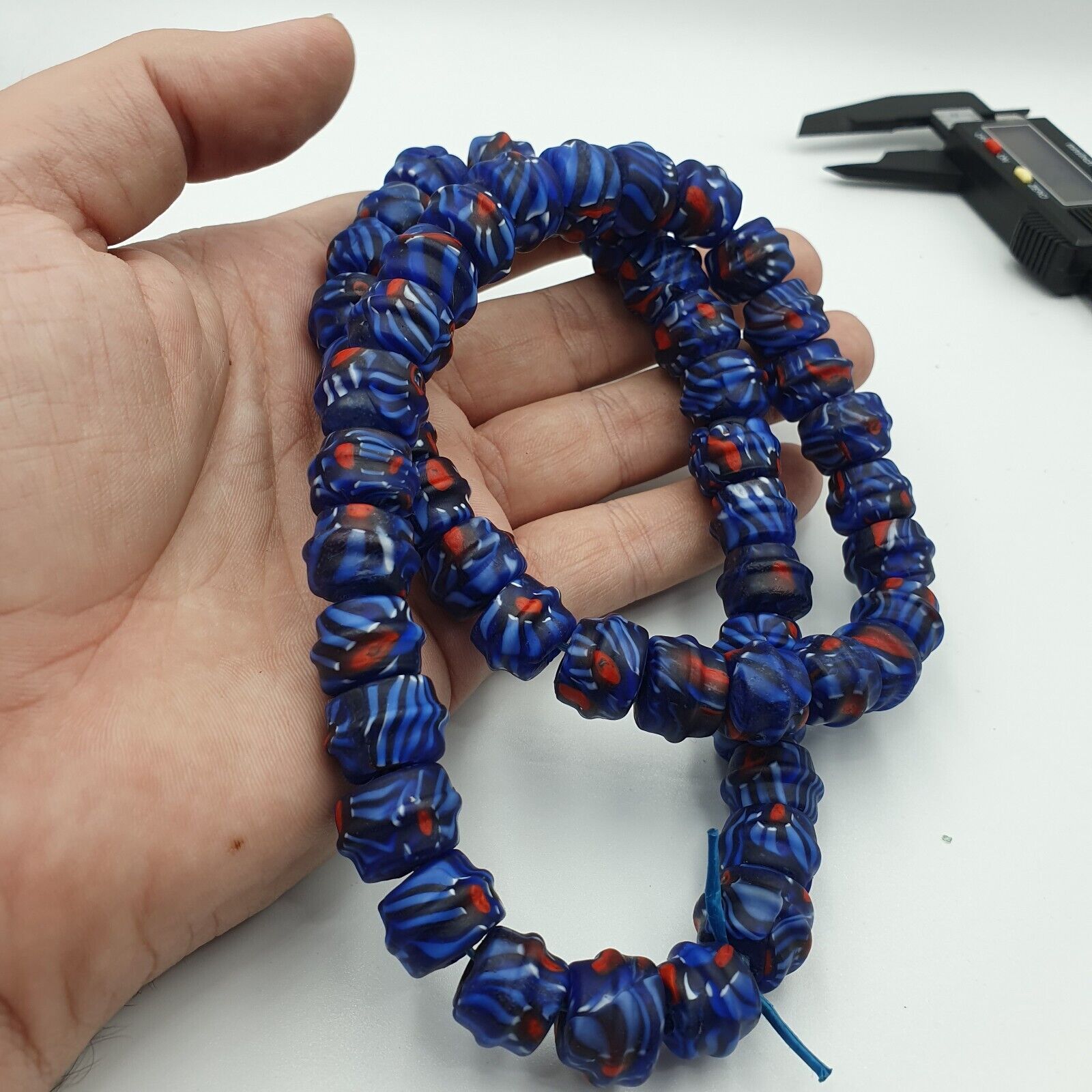 Vintage Unique Shape Floral blue glass Beads / Beaded long Strand Necklace