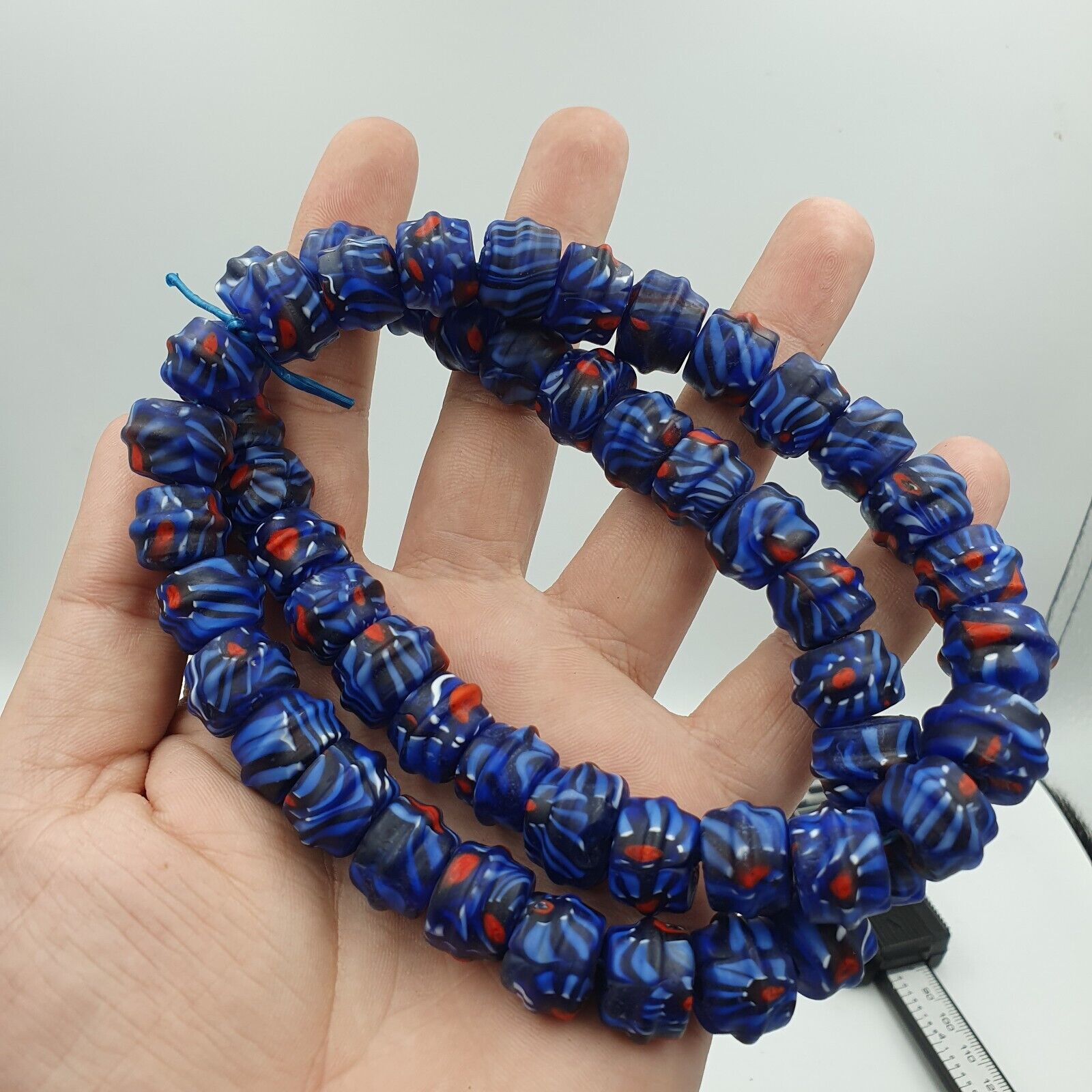 Vintage Unique Shape Floral blue glass Beads / Beaded long Strand Necklace