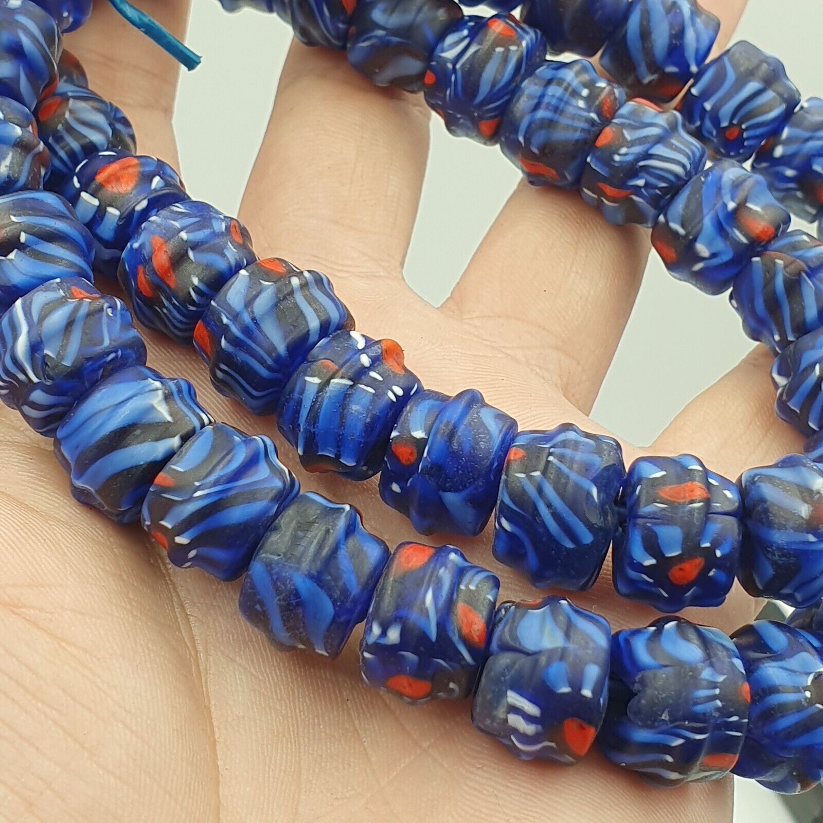 Vintage Unique Shape Floral blue glass Beads / Beaded long Strand Necklace