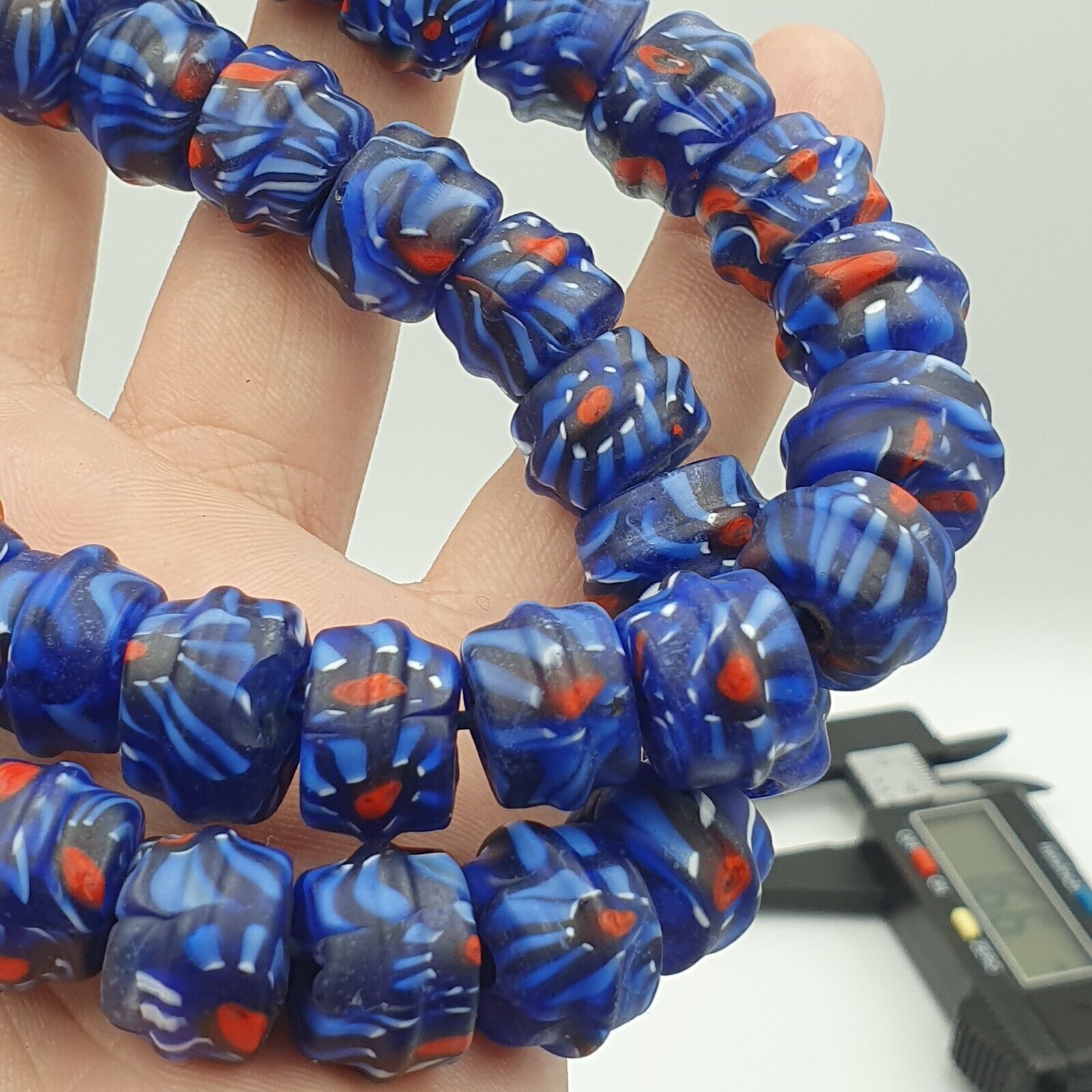 Vintage Unique Shape Floral blue glass Beads / Beaded long Strand Necklace