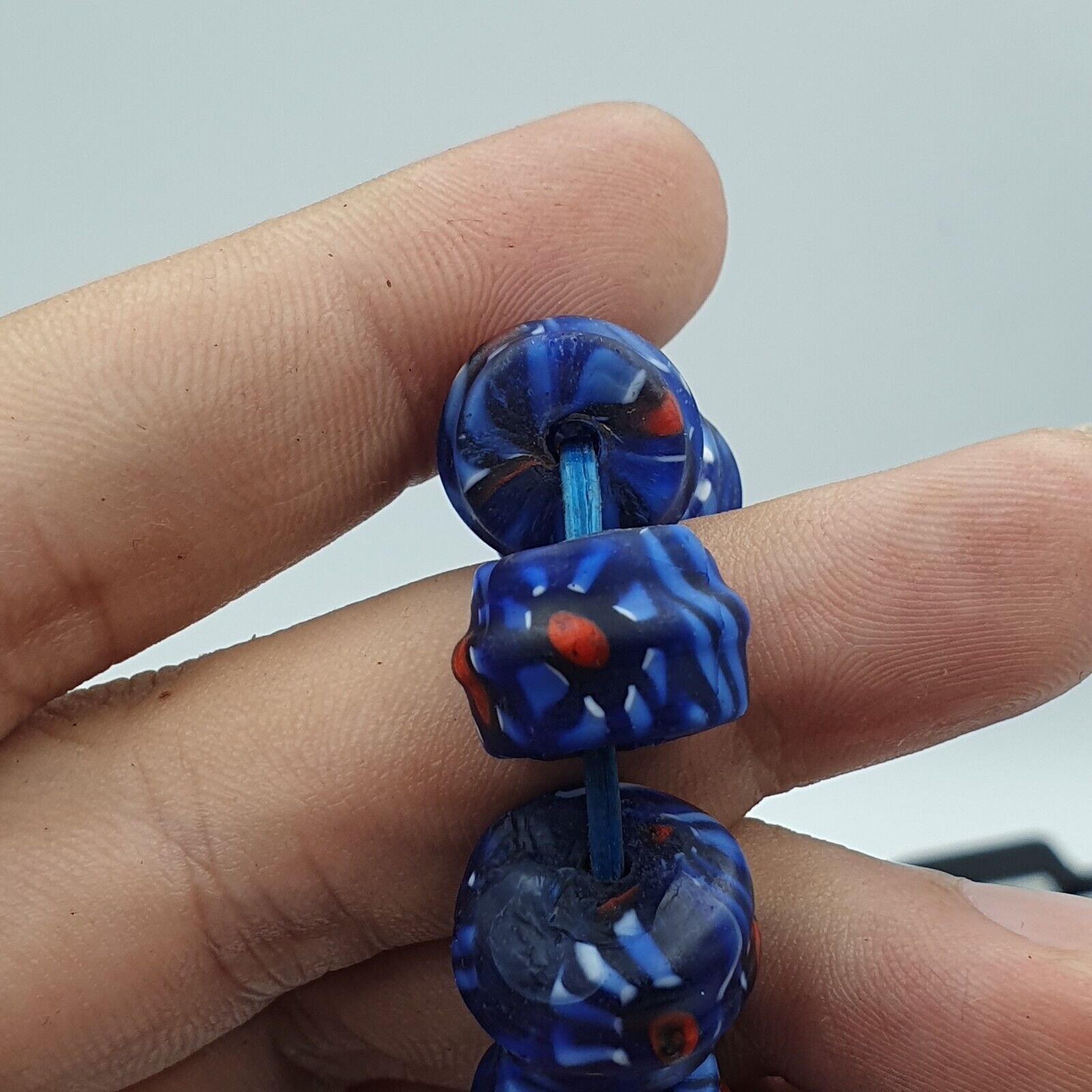 Vintage Unique Shape Floral blue glass Beads / Beaded long Strand Necklace