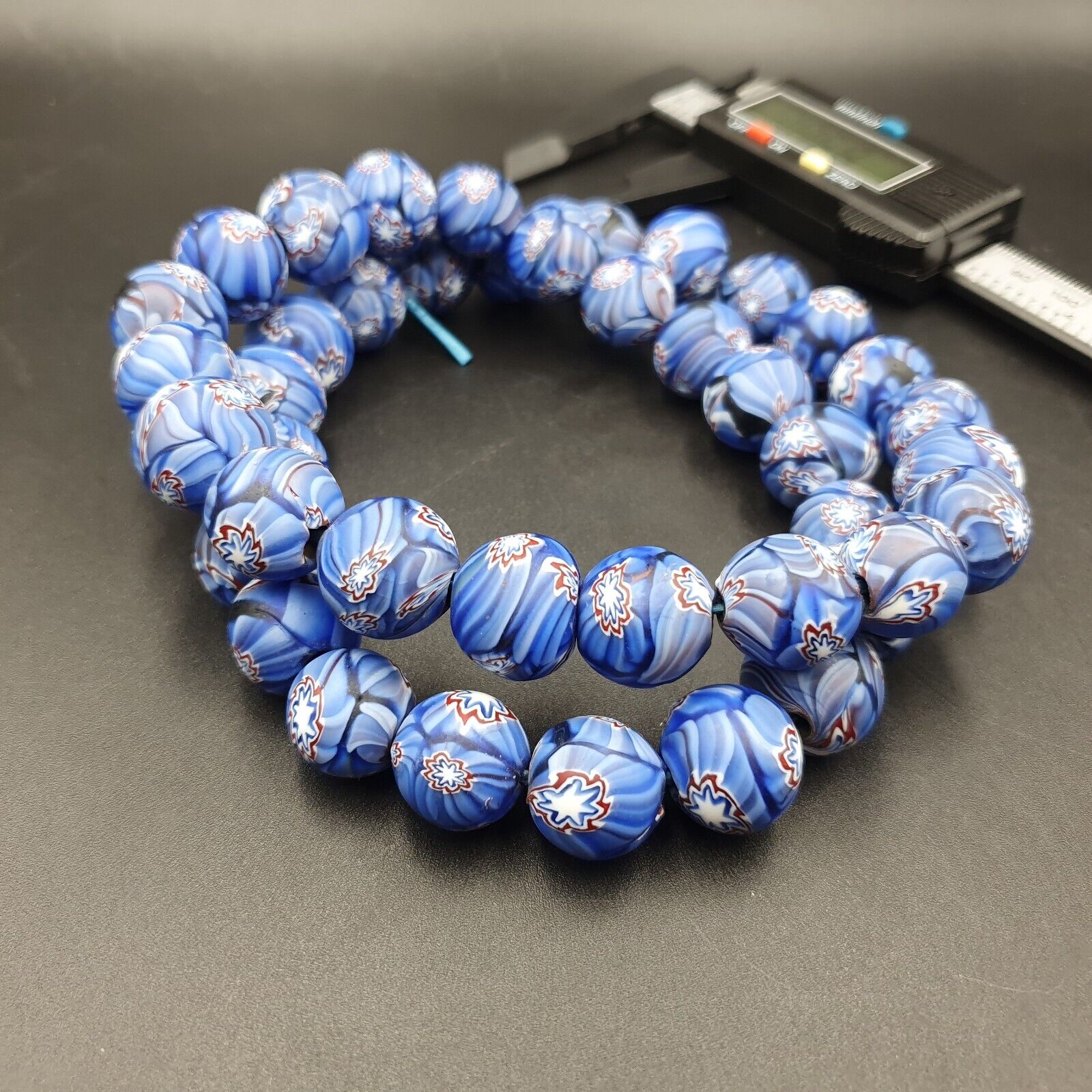 Vintage Floral blue glass Beads / Beaded long Strand Necklace 15-16mm