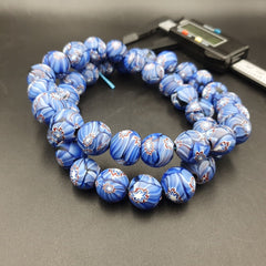 Vintage Floral blue glass Beads / Beaded long Strand Necklace 15-16mm