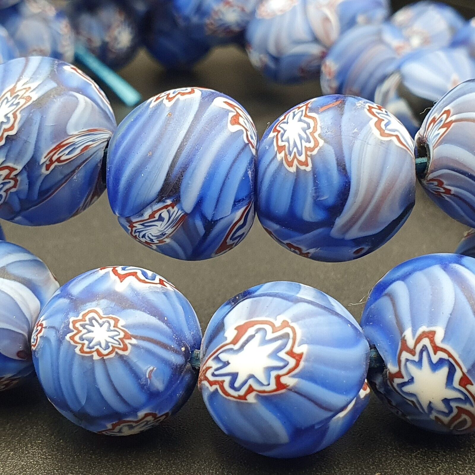 Vintage Floral blue glass Beads / Beaded long Strand Necklace 15-16mm