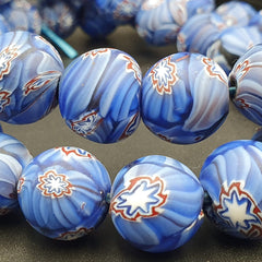 Vintage Floral blue glass Beads / Beaded long Strand Necklace 15-16mm