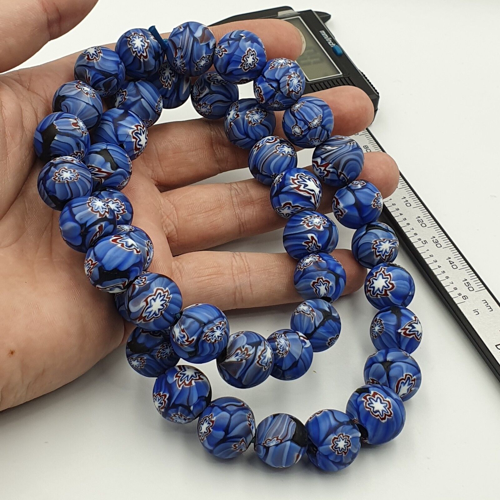 Vintage Floral blue glass Beads / Beaded long Strand Necklace 15-16mm