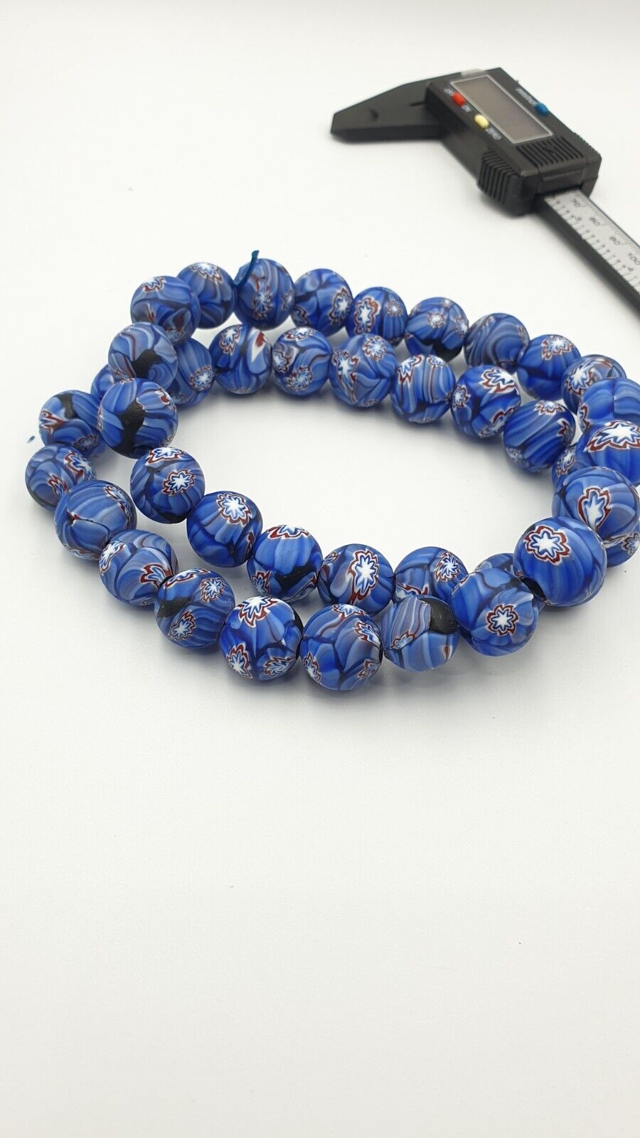 Vintage Floral blue glass Beads / Beaded long Strand Necklace 15-16mm