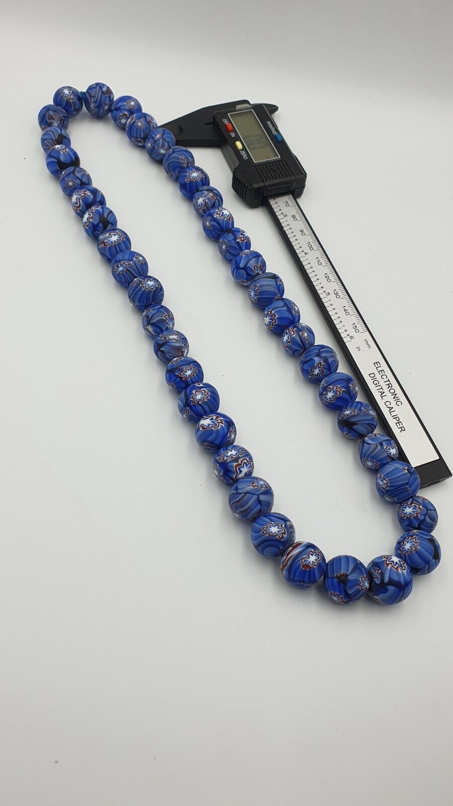 Vintage Floral blue glass Beads / Beaded long Strand Necklace 15-16mm