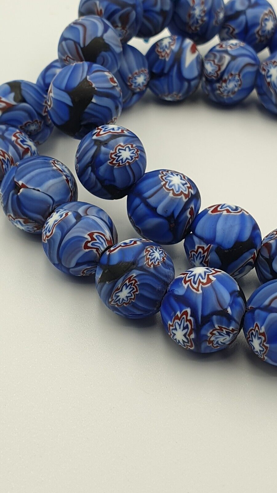 Vintage Floral blue glass Beads / Beaded long Strand Necklace 15-16mm