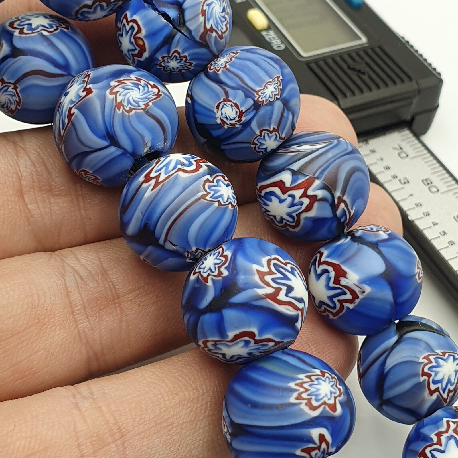 Vintage Floral blue glass Beads / Beaded long Strand Necklace 15-16mm