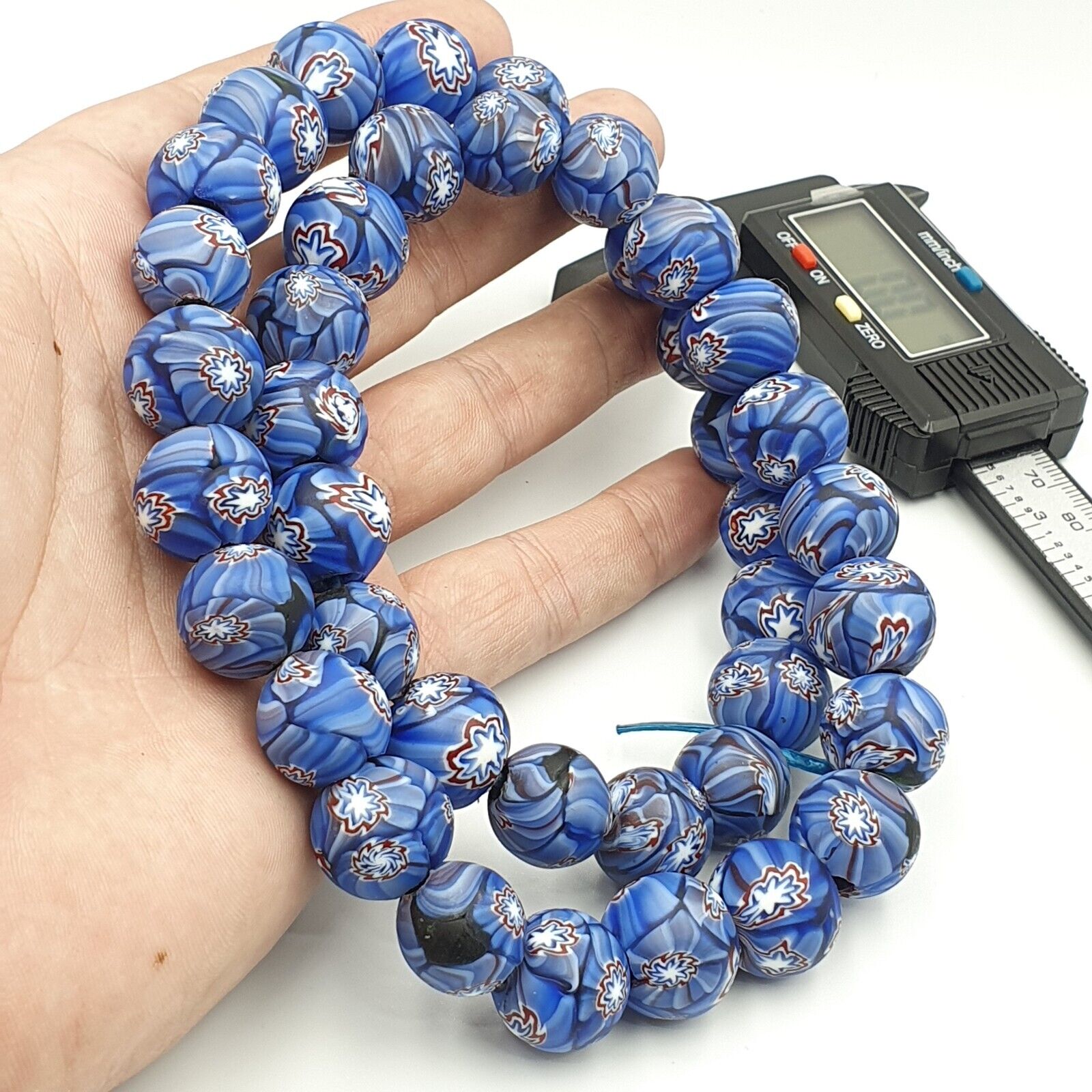 Vintage Floral blue glass Beads / Beaded long Strand Necklace 15-16mm