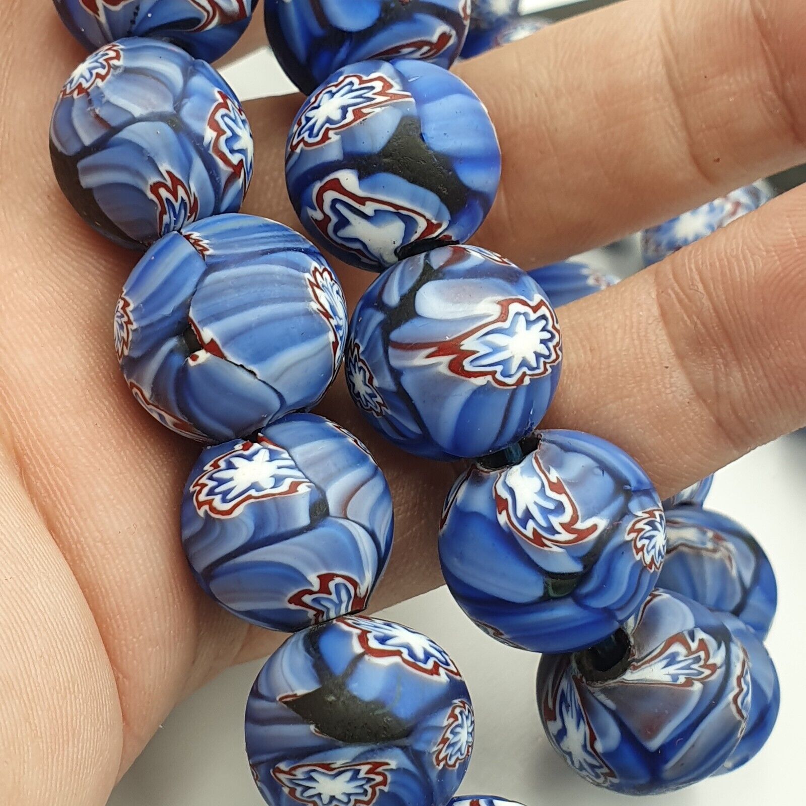 Vintage Floral blue glass Beads / Beaded long Strand Necklace 15-16mm