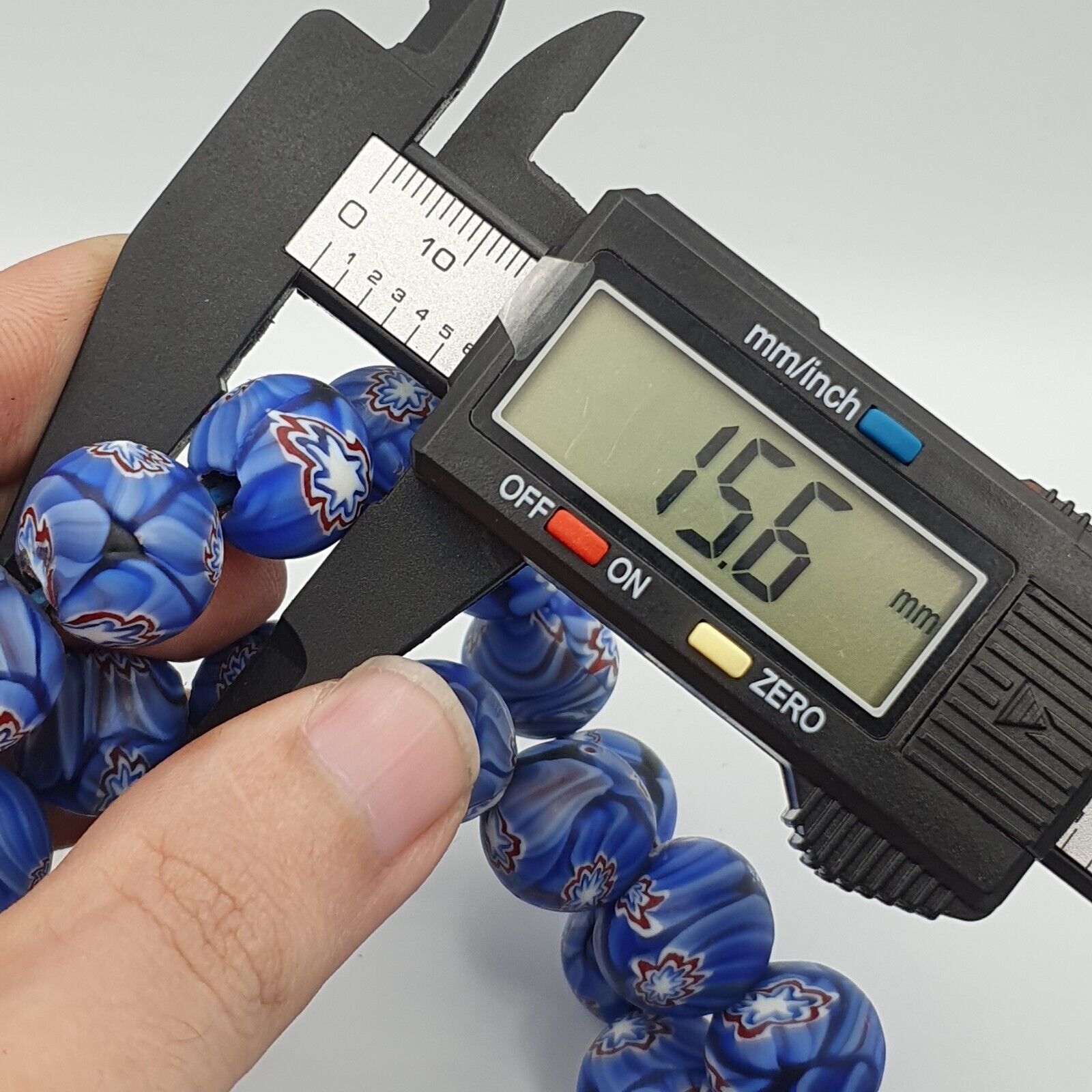 Vintage Floral blue glass Beads / Beaded long Strand Necklace 15-16mm