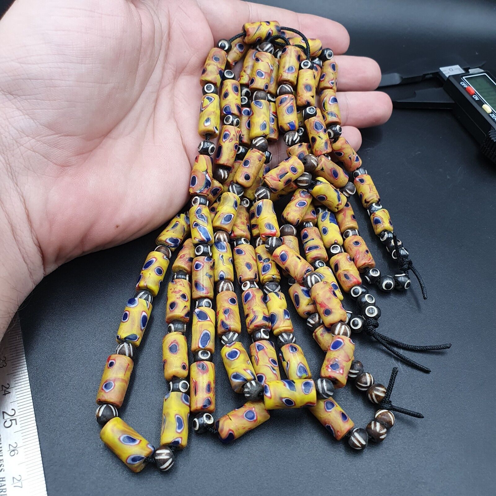 Vintage Antique African Style Glass and Bone Eyes Beads 24 Inch Long Strand