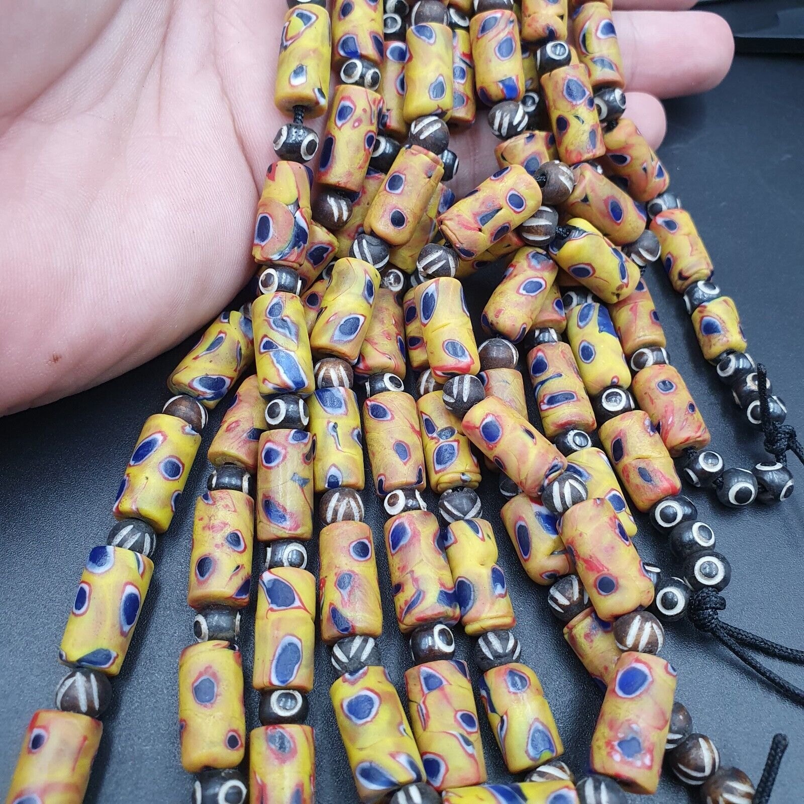 Vintage Antique African Style Glass and Bone Eyes Beads 24 Inch Long Strand