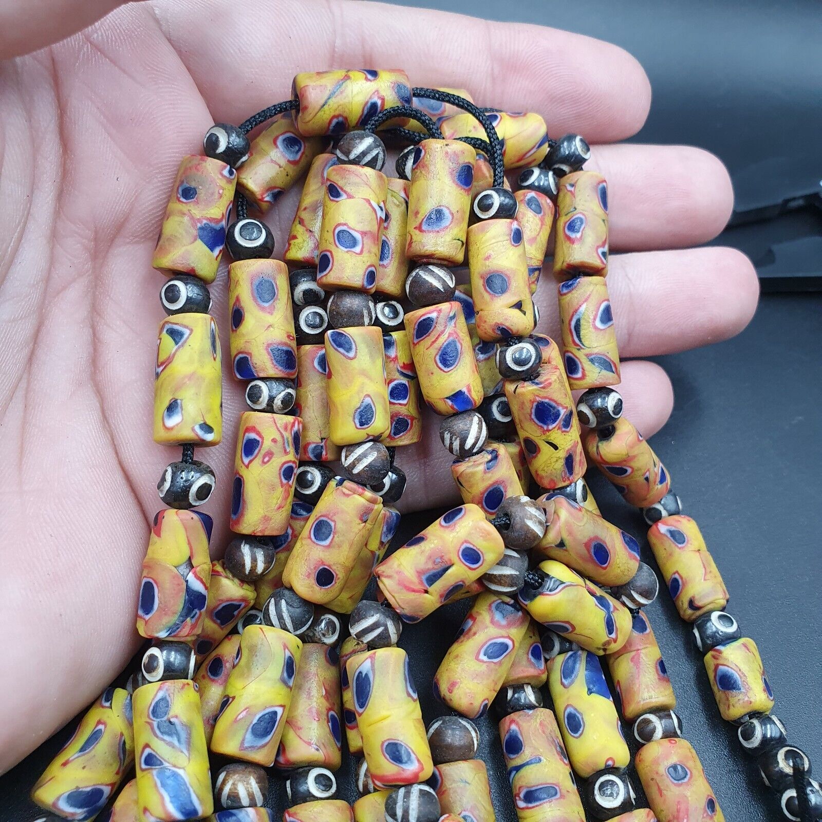 Vintage Antique African Style Glass and Bone Eyes Beads 24 Inch Long Strand