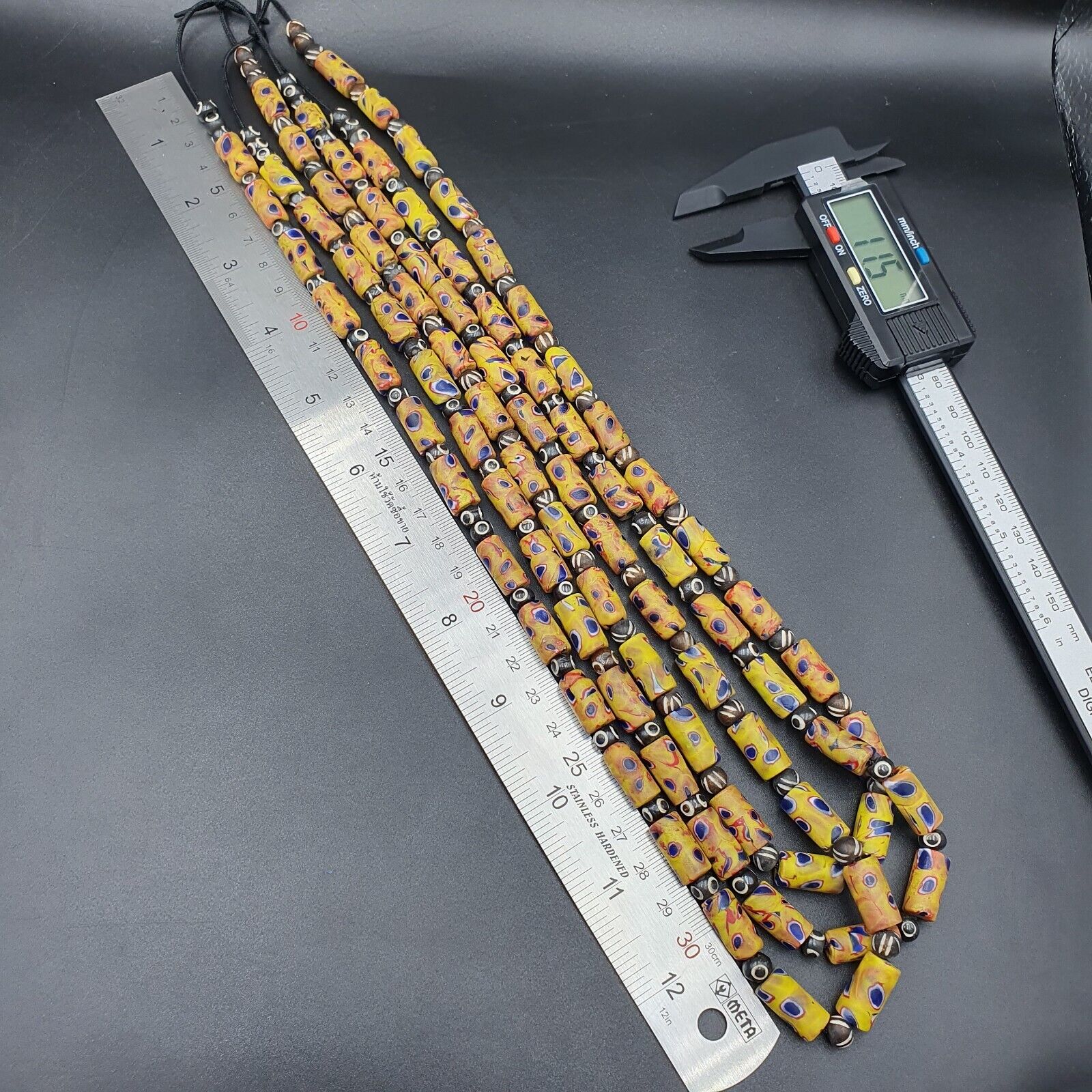 Vintage Antique African Style Glass and Bone Eyes Beads 24 Inch Long Strand