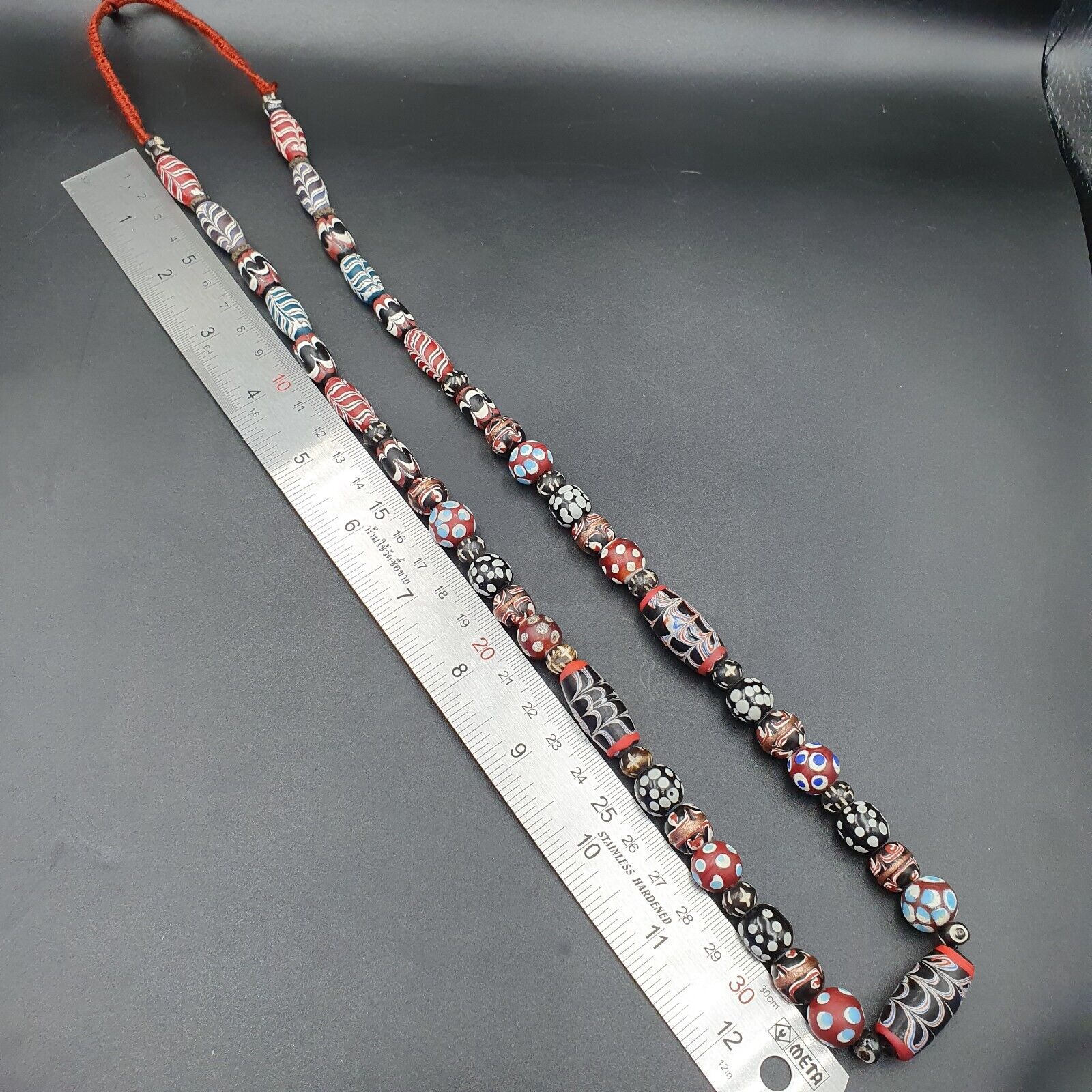 Vintage Feather Pattern Skunk Dotted Trade Beads Beaded Necklace