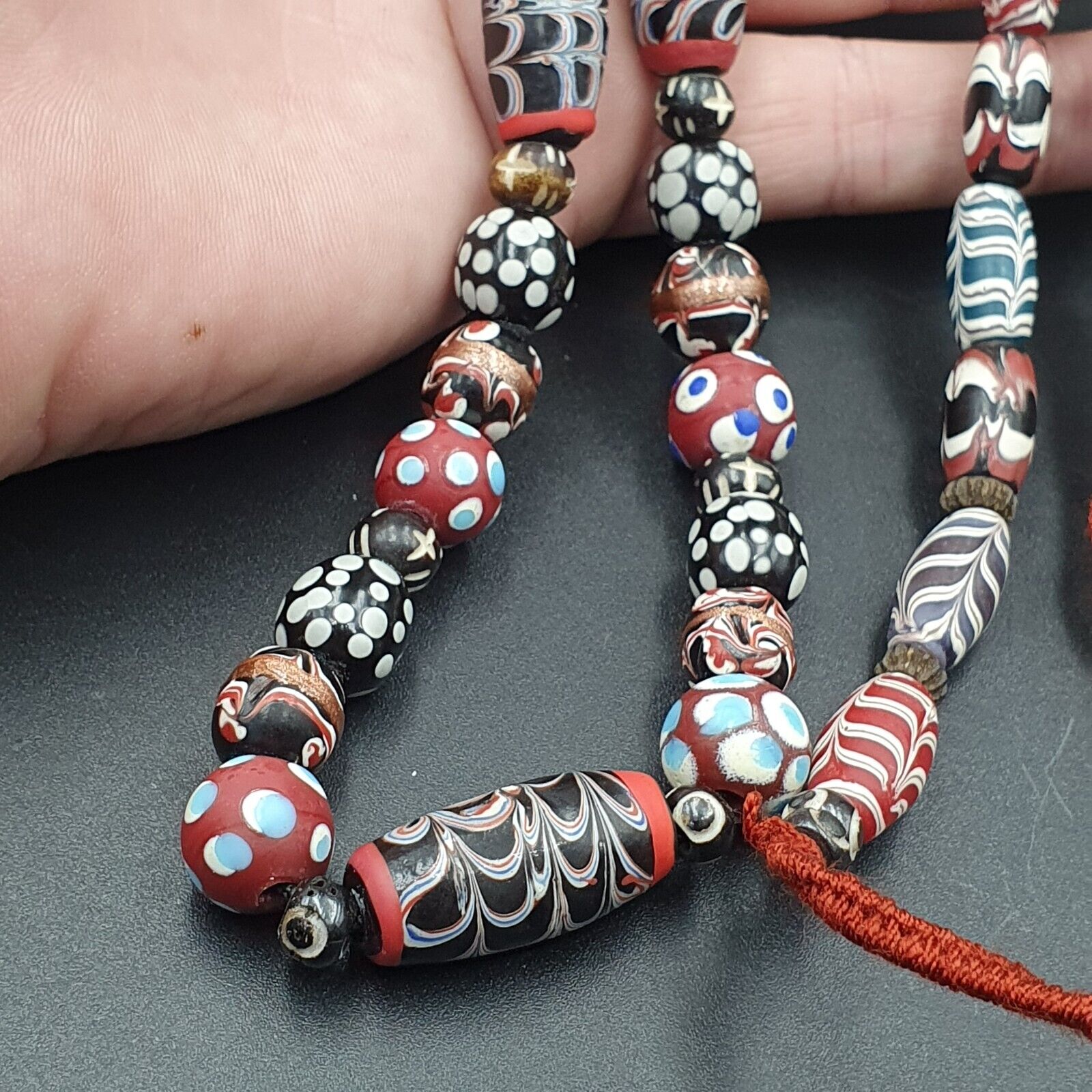 Vintage Feather Pattern Skunk Dotted Trade Beads Beaded Necklace