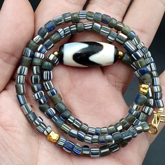 Himalayan Indo Tibetan Beads ZIGZAG Line Pattern Dzi Amulet Agate Beads Necklace