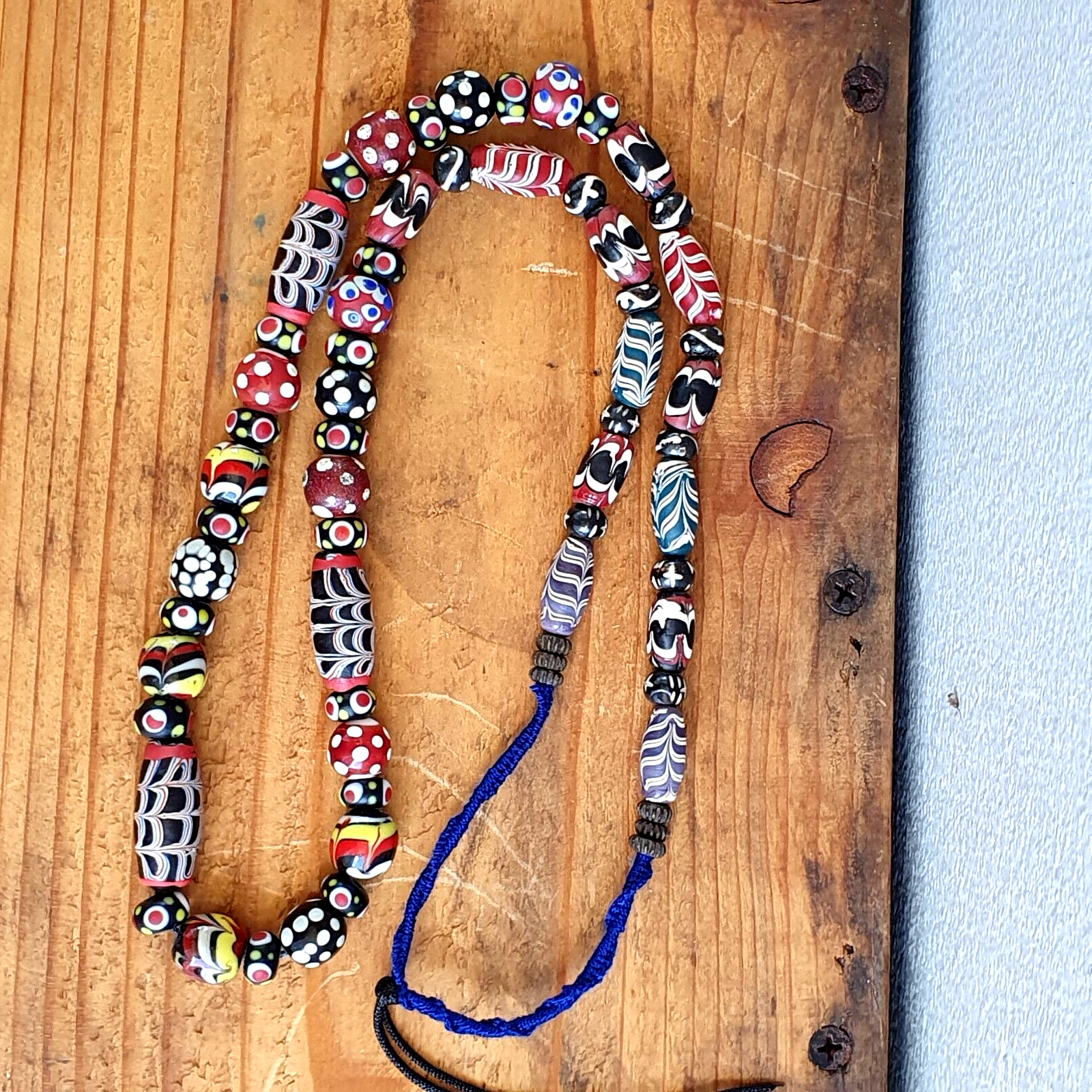 Vintage Feather Skunk Bumblebee Dotted Trade Beads Beaded Necklace