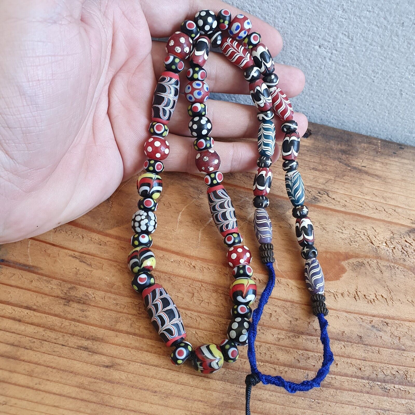 Vintage Feather Skunk Bumblebee Dotted Trade Beads Beaded Necklace