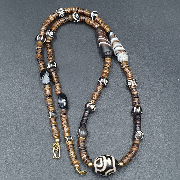 N21 Antique Old Himalayan Indo Tibetan Agate Beads Unique Pattern Dzi Necklace