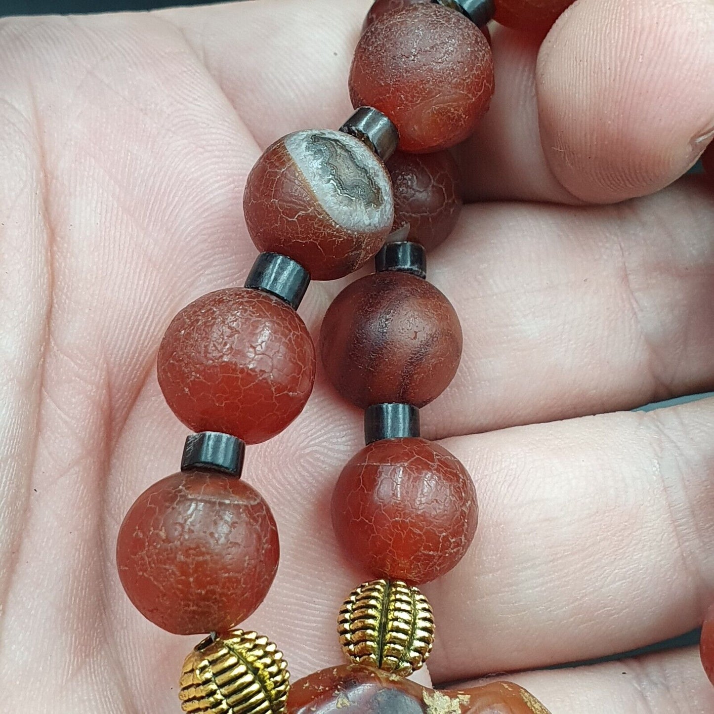 N28 古董喜馬拉雅藏瑪瑙珠龍皮紅玉髓珠項鍊