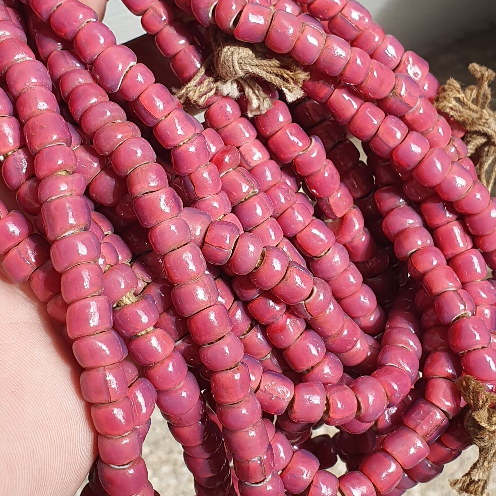 7.5-6.5mm Antique Venetian Pink White Heart Trade Beads 24" Long Strand