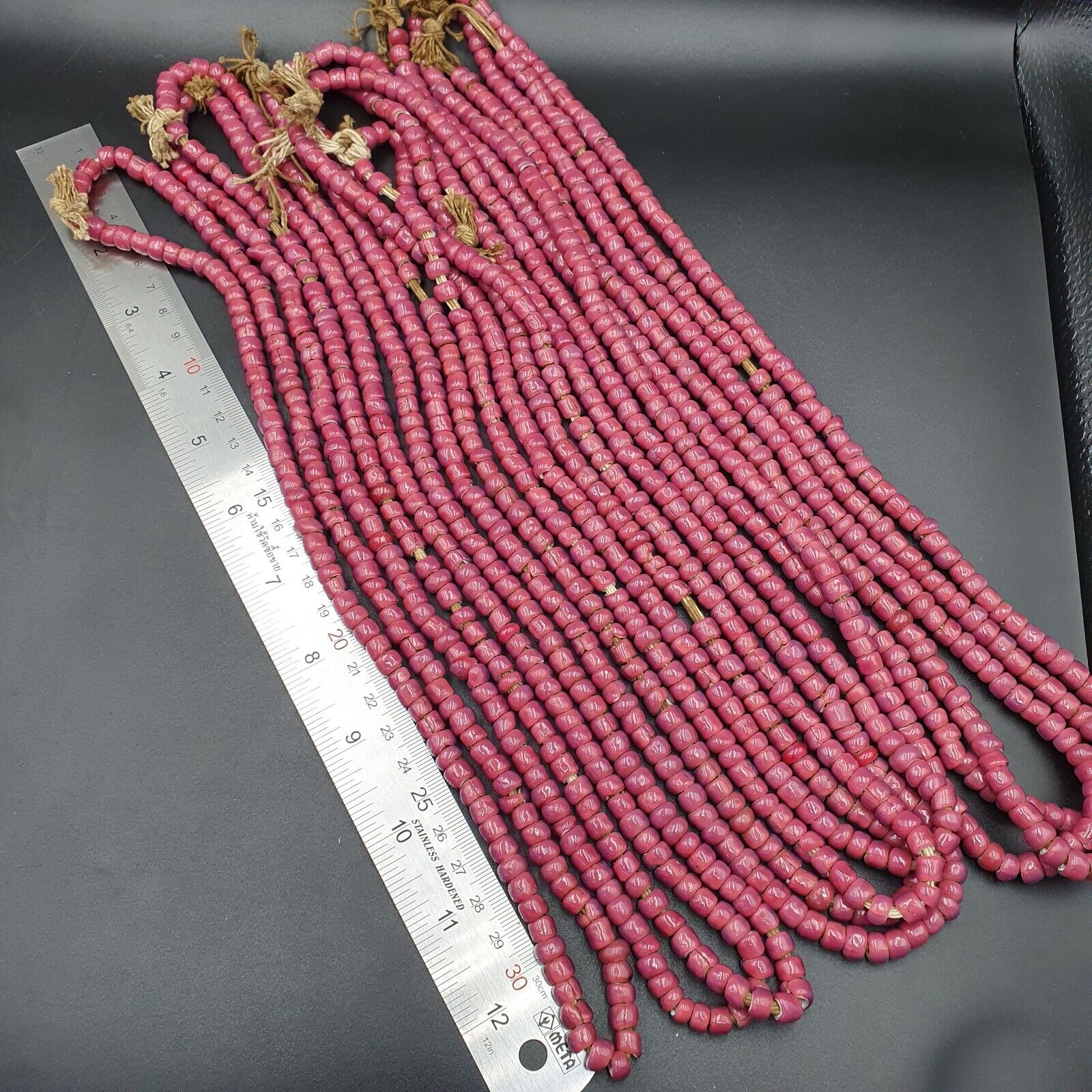 7.5-6.5mm Antique Venetian Pink White Heart Trade Beads 24" Long Strand