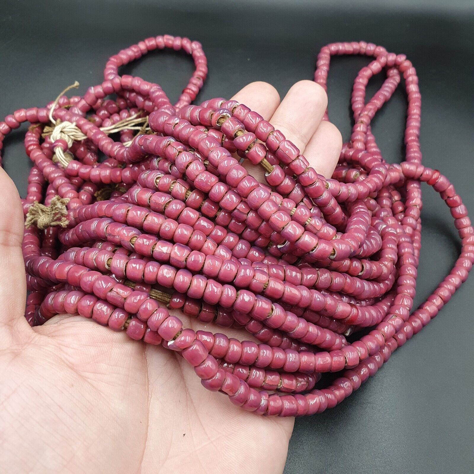 7.5-6.5mm Antique Venetian Pink White Heart Trade Beads 24" Long Strand