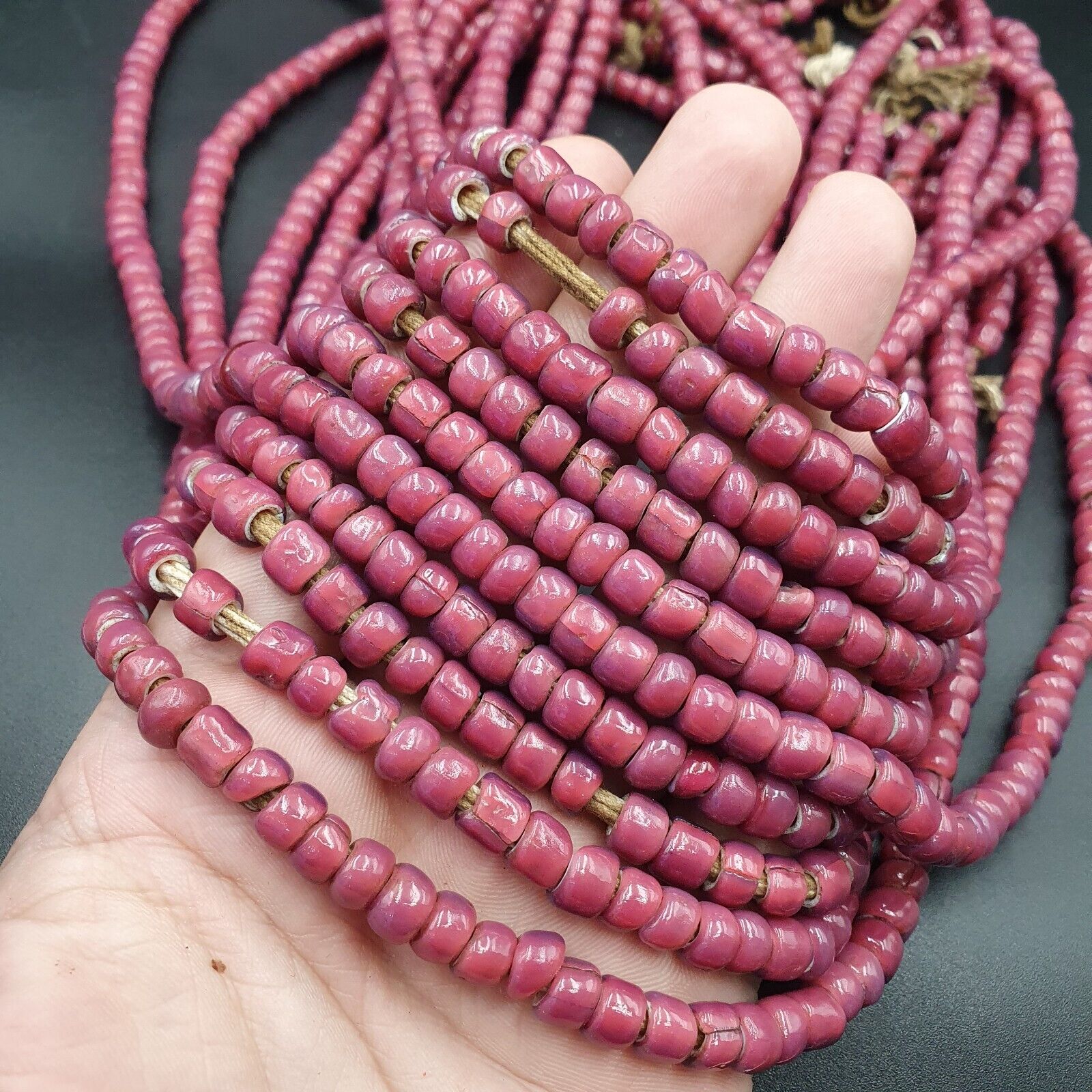 7.5-6.5mm Antique Venetian Pink White Heart Trade Beads 24" Long Strand