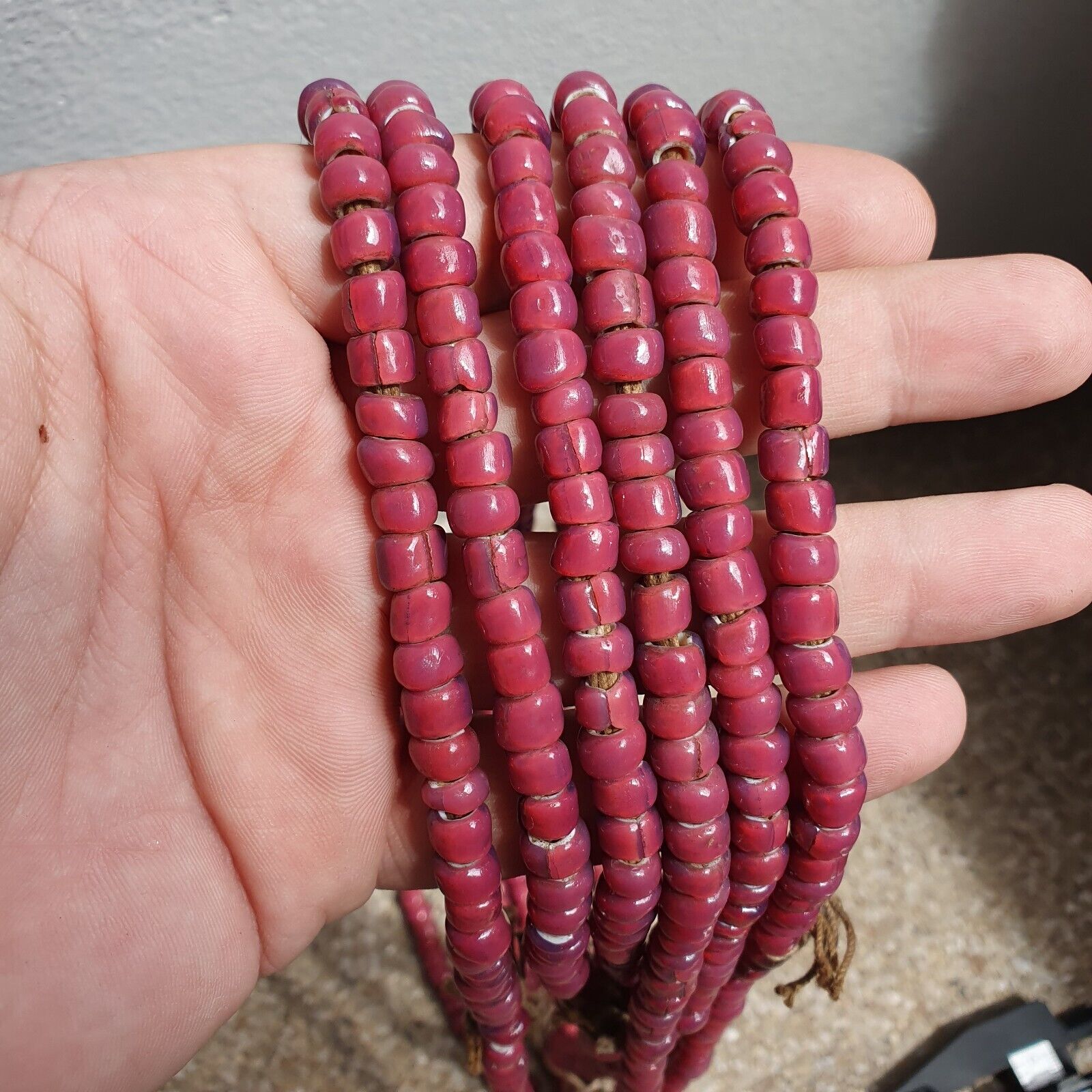 7.5-6.5mm Antique Venetian Pink White Heart Trade Beads 24" Long Strand